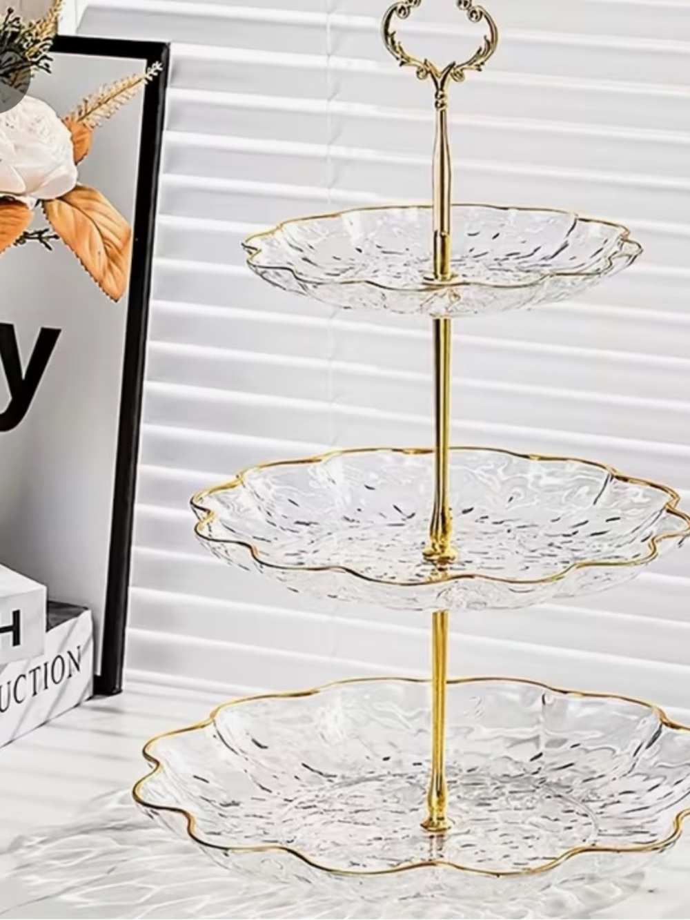 Three-Tier Clear Plastic Serving Stand with Gold Trim BN5